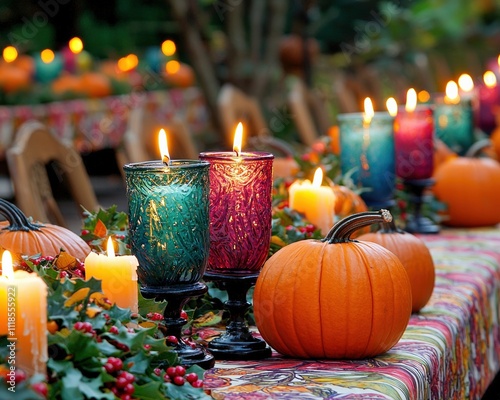 A beautifully decorated Thanksgiving table with colorful candles, pumpkins, and festive holiday decor