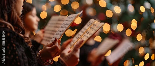 A bunch of young lady singers wearing red are seen holding sheet music in their hands over a festive setting of fuzzy lights on Christmas Day and space, Generative AI.