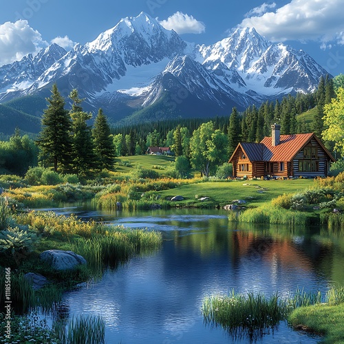 Scenic cabin resting beside river and towering snowy mountain range picture