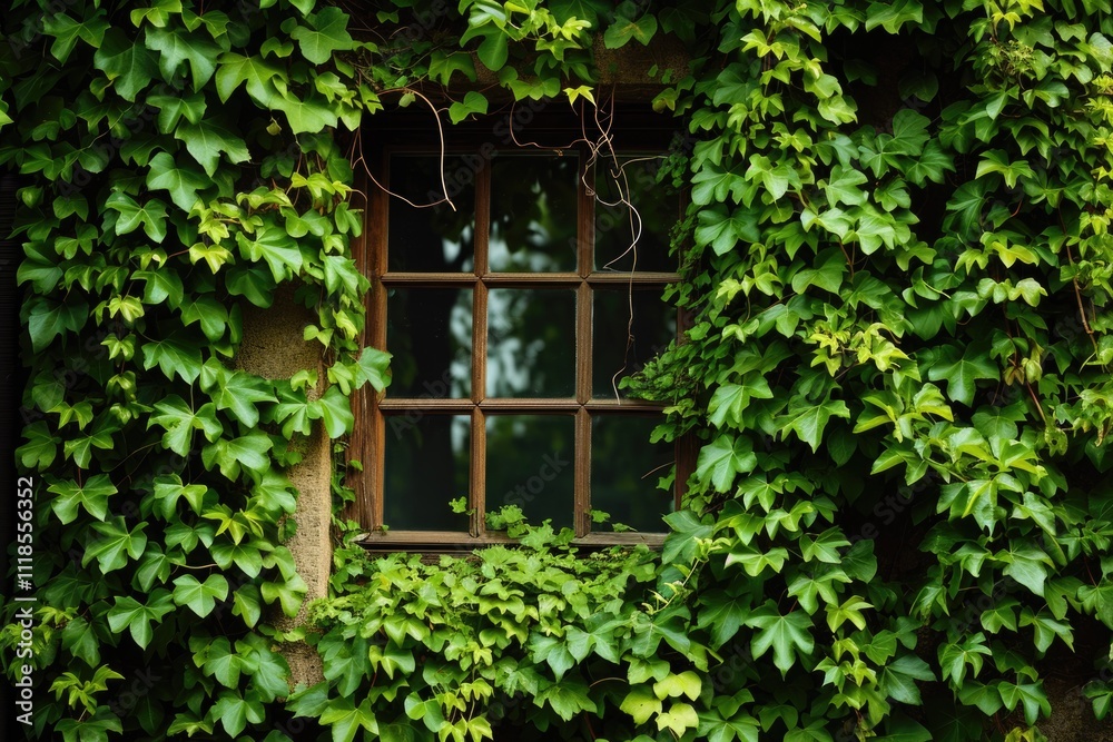 Nature's Cover: Green Ivy Creeping over Window, Blending with Architecture Nature's Cover: Green Ivy Creeping over Window, Blending with Architecture
