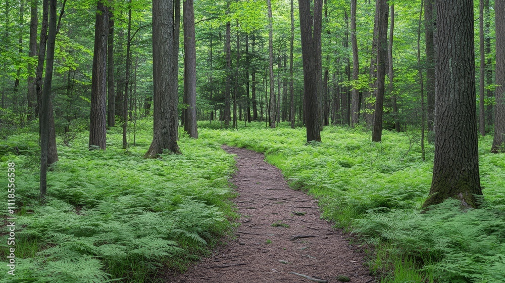 A serene forest path surrounded by lush greenery and ferns, inviting exploration and tranquility. A serene forest path surrounded by lush greenery and ferns, inviting exploration and tranquility.