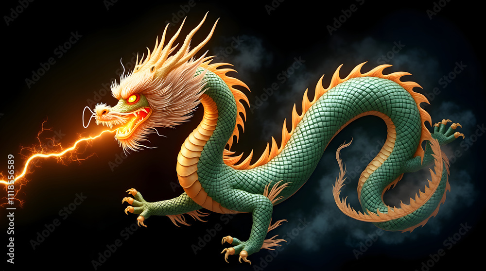 Fototapeta premium Majestic Chinese Dragon Breathing Lightning: Mythical Creature of Power and Legend