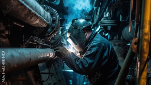 A fitterwelder lowers themselves into the tight confines of a ships engine room expertly welding together pipes and valves to keep the vessel afloat. photo