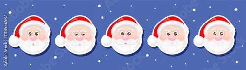 Set of Cute stickers Santa Claus faces with different emotions. Vector illustration on blue background.