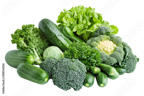 A pile of green vegetables is set against a transparent background to emphasize the details