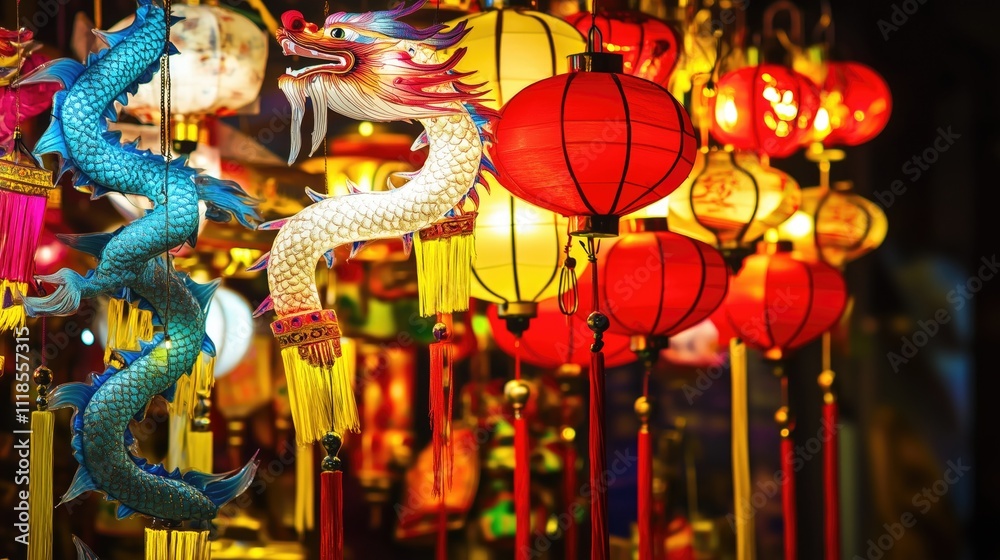 Naklejka premium chinese new year dragon and lanterns