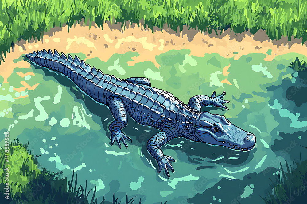An animated crocodile resting in a serene water setting surrounded by grass. An animated crocodile resting in a serene water setting surrounded by grass.