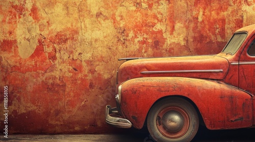 Rusty Red Classic Car Against a Weathered Wall photo