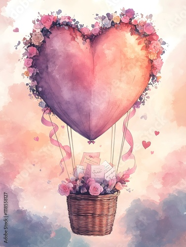 Heart-Shaped Hot Air Balloon with Flowers and Love Letters