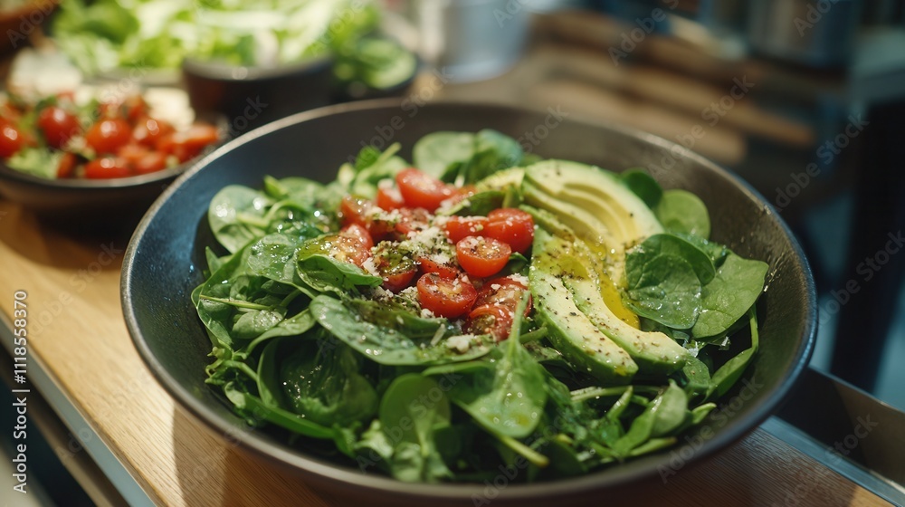 a fresh green salad with spinach, avocado, cherry tomatoes, and olive oil dressing, served in a modern kitchen. 
