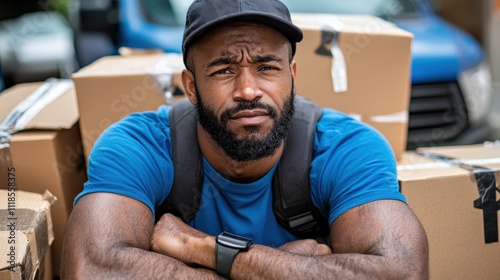 An exhausted delivery driver surrounded by undelivered packages, a broken vehicle in the background photo