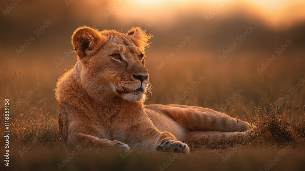 A serene lioness resting in golden grass during sunset, embodying tranquility and nature's beauty.