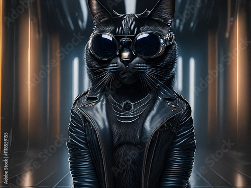 katze in lederjacke auf 4 pfoten
Eine hyperrealistische Darstellung einer kompletten Katze, die lässig in einer futuristischen 
Szenerie posiert. Die Katze trägt eine maßgeschneiderte Lederjacke.