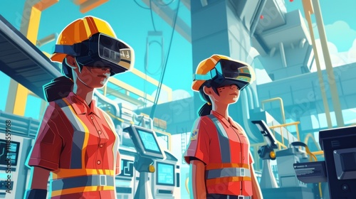 Two industrial engineers wearing vr headsets and hard hats supervise innovative production processes in a modern factory, highlighting advanced technology in manufacturing photo