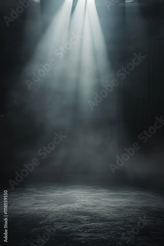 Dramatic lighting in a dark studio space creates a moody, atmospheric effect.