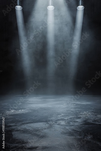 Dramatic stage with three beams of light illuminating a misty floor.