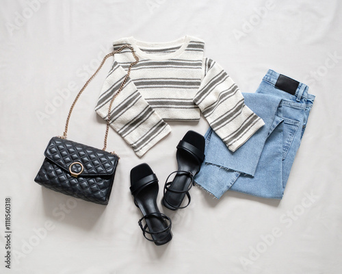 Blue jeans, striped longsleeve, small black cross body bag and black heeled sandals on beige background. Overhead view of woman's casual outfit. Trendy look. Flat lay, top view. Women clothes. photo