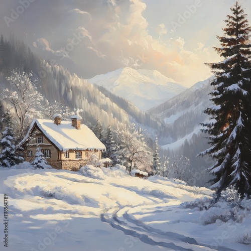 Snowy mountain landscape with cozy chalet. Winter scenery. Sunlight illuminates a snow-covered valley with a rustic house nestled among evergreen trees and snow-capped peaks.