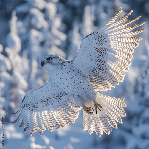 Majestic gyrfalcon soaring over snowy forest with sunlit wings photo