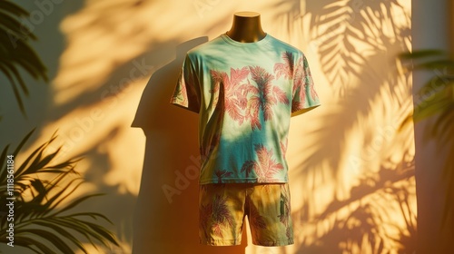 Tropical Fashion Display with Manswear and Warm Lighting Effects photo