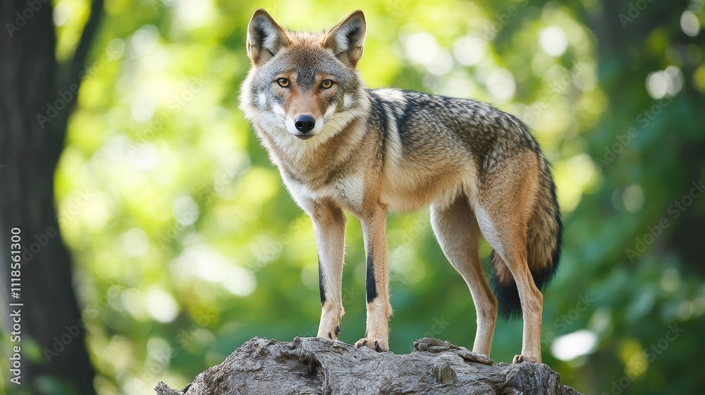 A coyote standing on a rock, surrounded by greenery, showcasing its natural habitat. A coyote standing on a rock, surrounded by greenery, showcasing its natural habitat.