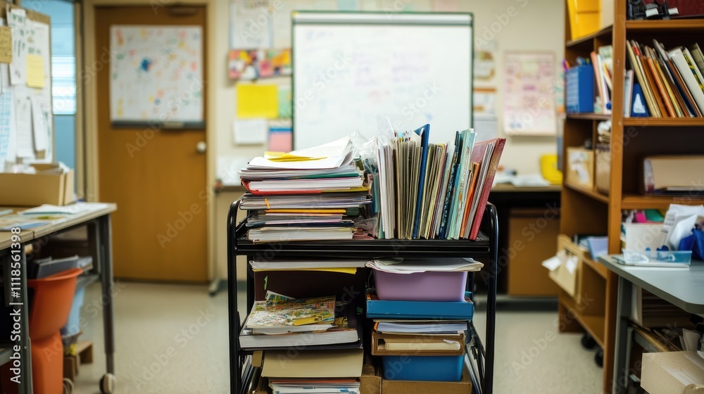 Organized School Cart with Papers and Stationery in Classroom Setting Organized School Cart with Papers and Stationery in Classroom Setting