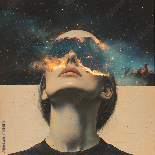 Creative representation of a woman with cosmic elements illustrating imagination and thought