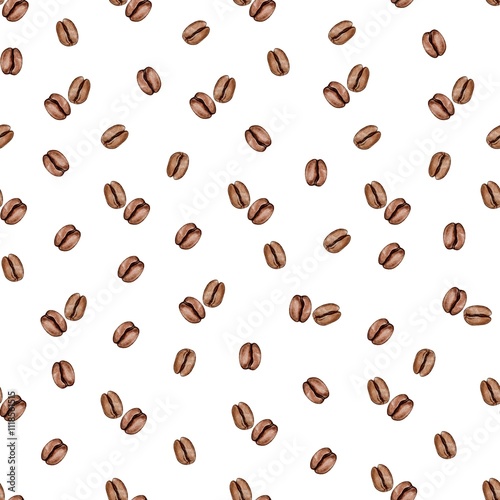 coffee beans on white background. Watercolor Seamless pattern for cafe, coffee shop, menu, logo, store, coffee machines. For printing on textiles, tableware. Fragrance, Ingredient photo