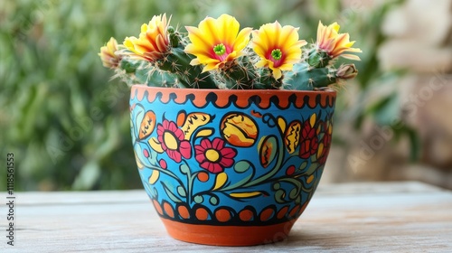 Colorful Cactus Pot with Bright Yellow Flowers on Wooden Surface