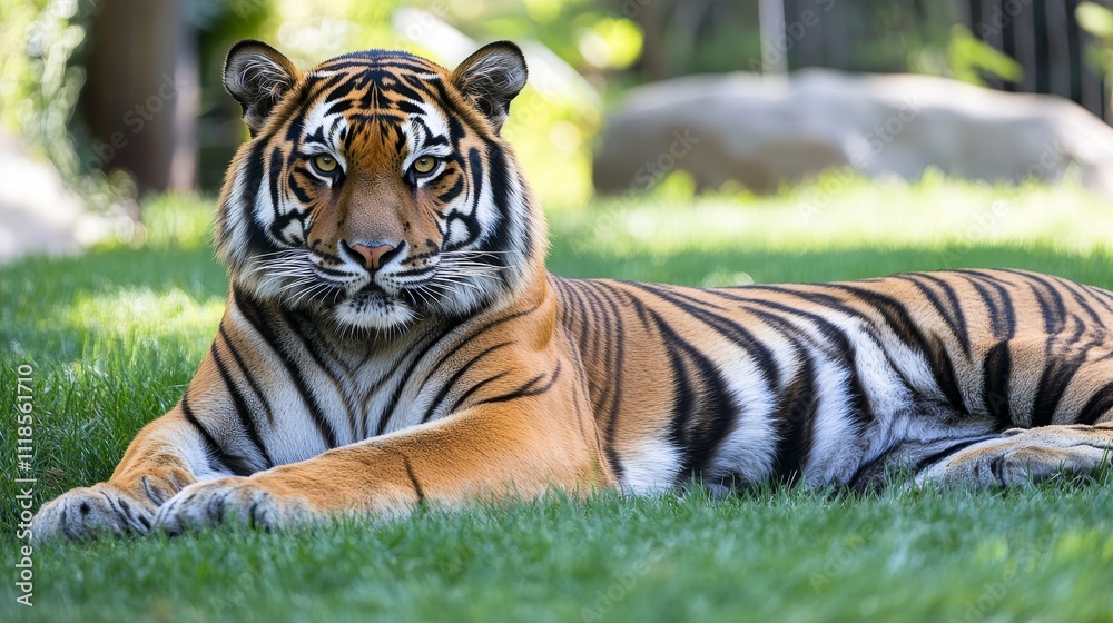 Fototapeta premium A majestic tiger lounging on green grass in a serene environment.