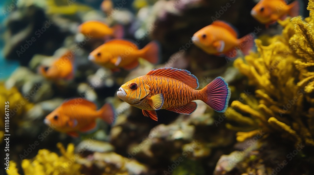 A vibrant orange and purple fish swims amidst a school of its fellows, coral, and rocks in an aquarium. The scene is alive with color and motion. A vibrant orange and purple fish swims amidst a school of its fellows, coral, and rocks in an aquarium. The scene is alive with color and motion.