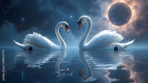 Two Swans in Love Under a Night Sky with Eclipse Celestial Scene Romantic Wildlife photo