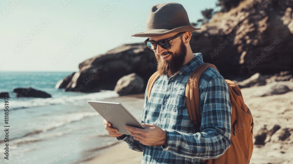 Fototapeta premium Smiling man with beard uses tablet on beach. He's wearing a hat, sunglasses, and a plaid shirt.