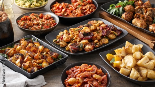 Delicious variety of roasted potatoes, pasta, and meat dishes served in black bowls on a wooden table.