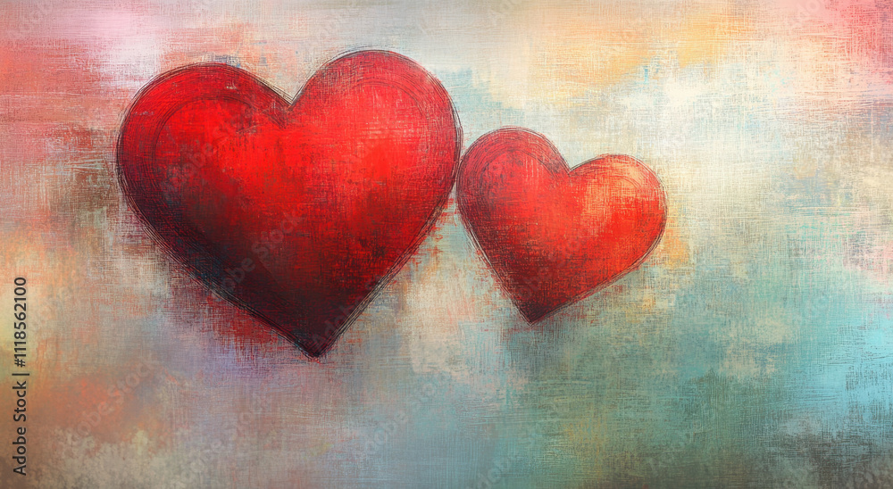 Digital painting of two red hearts on an abstract background with soft pastel colors. Creating a visually appealing composition that evokes feelings of affection and connection. Digital painting of two red hearts on an abstract background with soft pastel colors. Creating a visually appealing composition that evokes feelings of affection and connection.