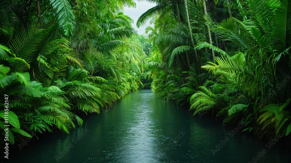 Obraz premium Lush green jungle with a tranquil river flowing through it.