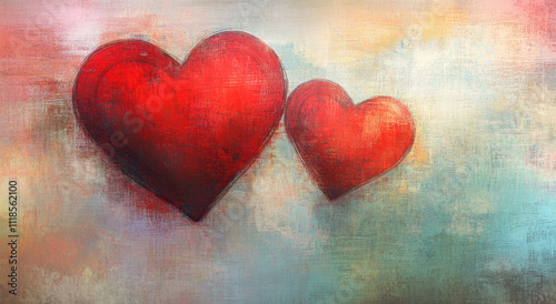 Digital painting of two red hearts on an abstract background with soft pastel colors. Creating a visually appealing composition that evokes feelings of affection and connection.