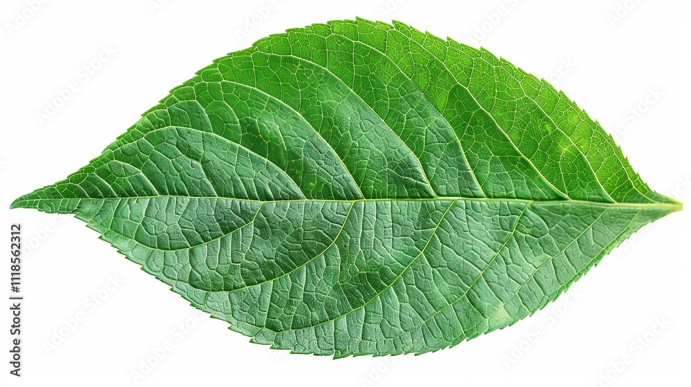 Obraz premium Close-up of a single vibrant green leaf, showcasing intricate vein patterns.