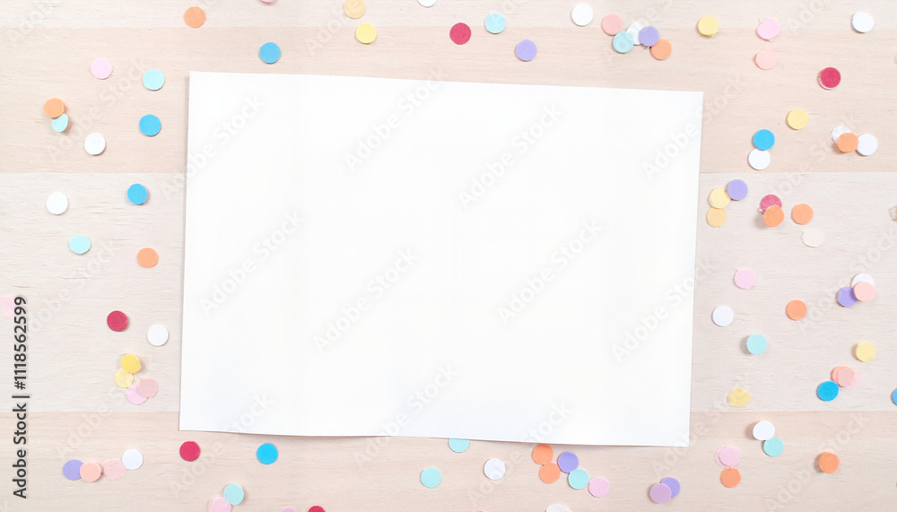 Blank white card with colorful confetti on wooden background