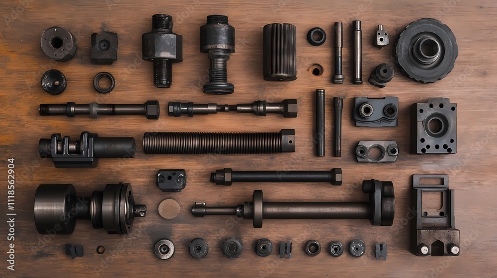 A collection of various black metal mechanical components arranged neatly on a wooden surface, showcasing intricate design and functionality. A collection of various black metal mechanical components arranged neatly on a wooden surface, showcasing intricate design and functionality.