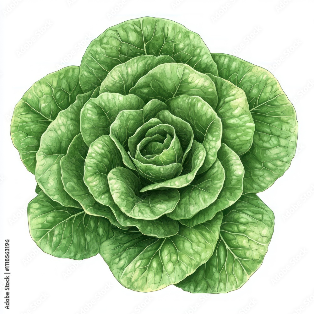 Obraz premium A detailed illustration of a green lettuce head, showcasing its intricate leaf structure.