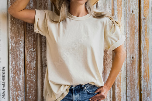 Soft cream t-shirt mockup. Girl ivory t shirt template. ( Only background modified with AI ) poses in a natural wooden background.