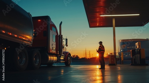 Silhouette of a Truck Driver Fueling a Tanker Truck at Sunset