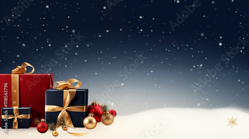 Christmas gifts banner with copy space. Christmas gift boxes in traditional red and green colors on dark background
