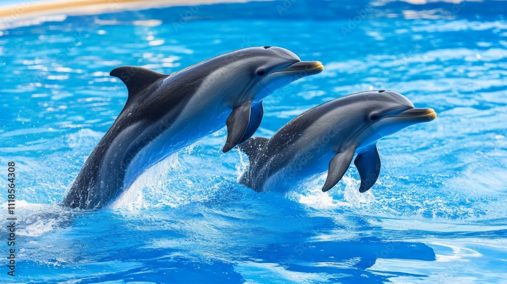 Obraz premium Two Dolphins Leap from the Ocean: A Breathtaking Marine Wildlife Scene