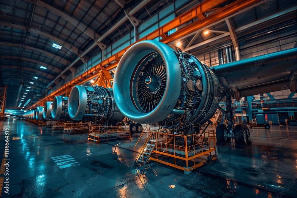 Close-up of jet engines in an aircraft hangar, showcasing intricate engineering. Close-up of jet engines in an aircraft hangar, showcasing intricate engineering.
