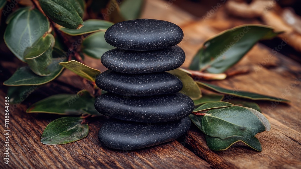 Stack of dark gray stones on a wooden surface with green leaves. Stack of dark gray stones on a wooden surface with green leaves.