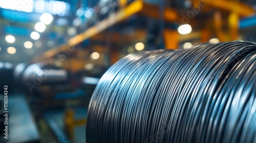Close-up of Steel Wire Coils in Industrial Factory Setting
