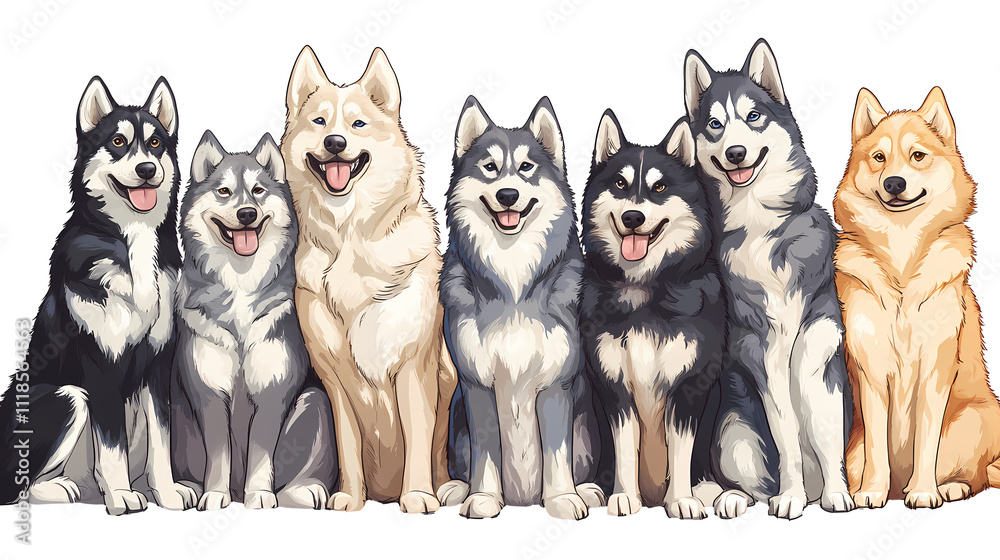 Obraz premium Funny 7 alaskan malamute dogs sitting together. Cartoon style. Transparent background. PNG