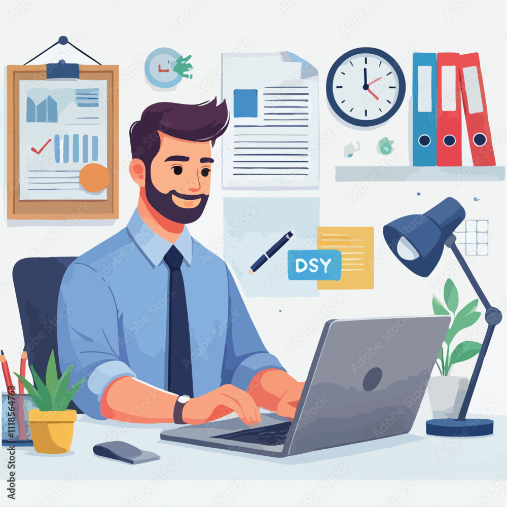 Fototapeta premium a boy is using his laptop vector